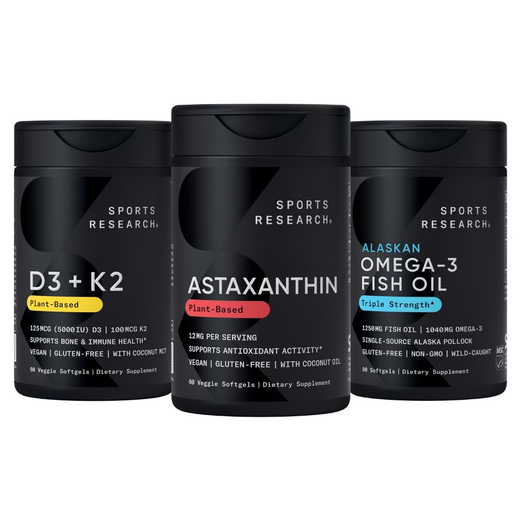 Sports Research® Antioxidant Support Pack w/Triple Strength Vegan Astaxanthin Suplemento de Algae, Omega-3 Fish Oil 1250mg y Vitamina D3 5000iu & Mk7 Vitamin K2 con Coconut MCT Aceite