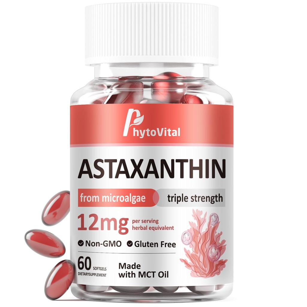 Astaxanthin 12mg con MCT Oil, 60 Softgels (2-Mes de suministro) – Triple Strength Antioxidant Suplemento de Haematococcus Pluvialis – No GMO, Libre de gluten, Vegan