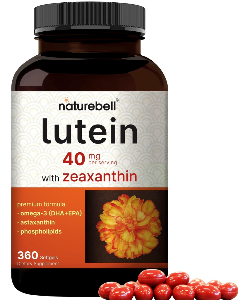 Lutein 40mg + Zeaxanthin 1,600mcg, 360 Softgels  4-in-1 Fórmula con Astaxanthin, Omega-3 " Phospholipids ← Marigold Flower Extract ← Soporta Ojo, Cerebro " Vision Health ← Non-GMO, Gluten Free