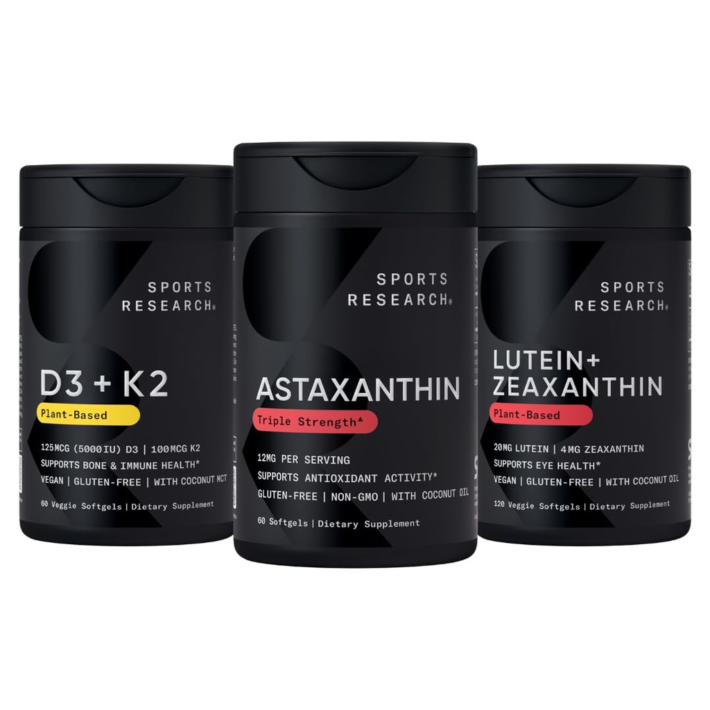 Sports Research® Antioxidant Support Pack w/Astaxanthin 12mg, Vitamina D3 5000iu + K2 100mcg, y Lutein 20mg + Zeaxanthin 4mg Suplementos - Vegan certificado · No GMO · Gluten &amp; Soy Free