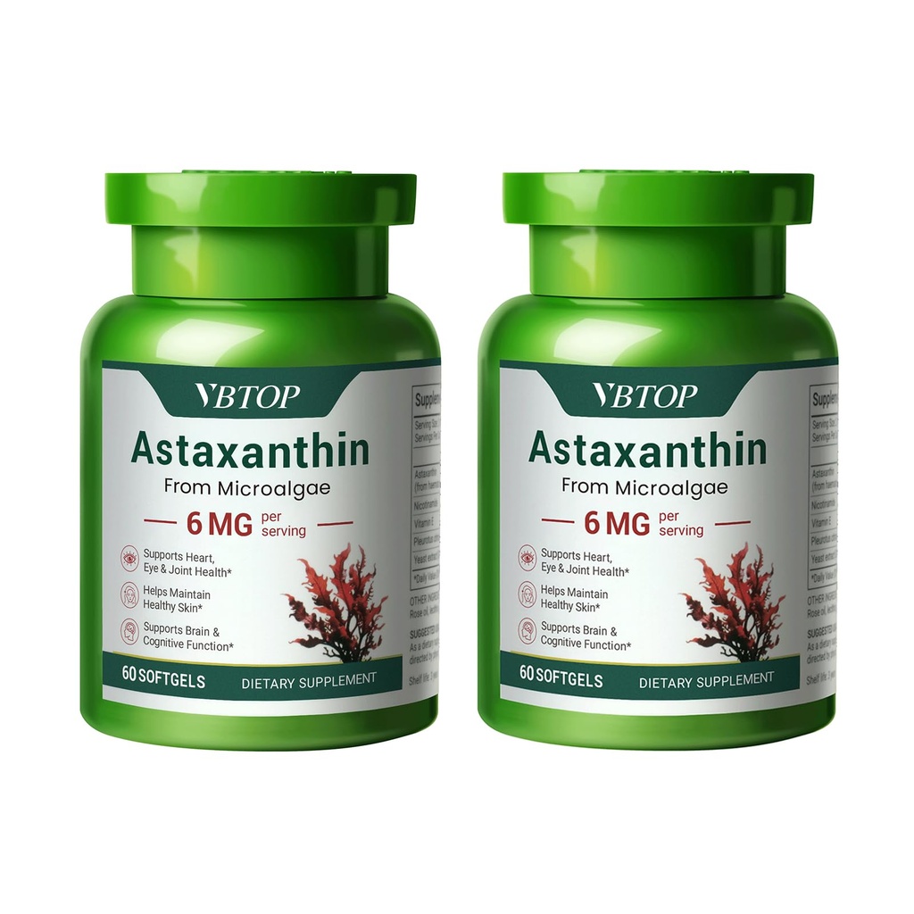 2 Botellas Astaxanthin 6 mg, Suplemento Premium de Astaxanthin con Actividad Antioxidante, soporta el ojo, la piel, la articulación y la salud del sistema inmunológico. Fuente de microalgas frescas, no GMO, sin gluten - 120 softgels