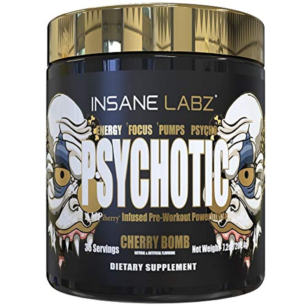 Insane Labz Psychotic Gold, High Stimulant Pre Workout Powder, Extreme Lasting Energy Focus, Pumps and Endurance with Beta Alanine, DMAE Bitartrate, NO Booster (35 Servings, Cherry Bomb)