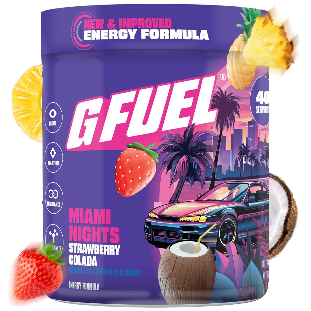 G Fuel Miami Nights 2.0 Energy Drink Powder, Pre Workout Caffeine Mix for Gaming, Sugar Free Focus Amino, Vitamina + Antioxidantes, 8.7oz (Strawberry Pina Colada, 40 Servings)