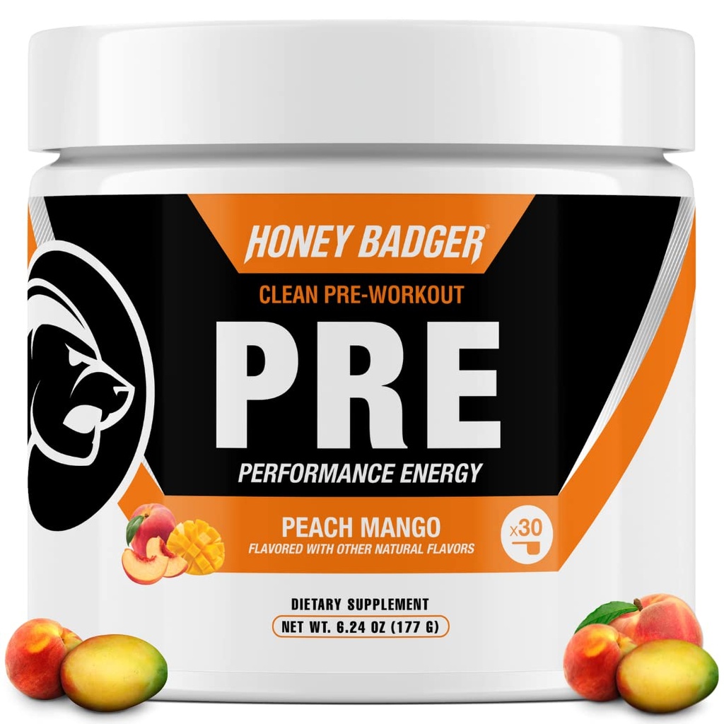 Honey Badger Pre Workout Powder, Keto Vegan Preworkout for Men & Women, Beta Alanine & Caffeine, Sugar Free Natural Energy Supplement, Peach Mango, 30 Servings