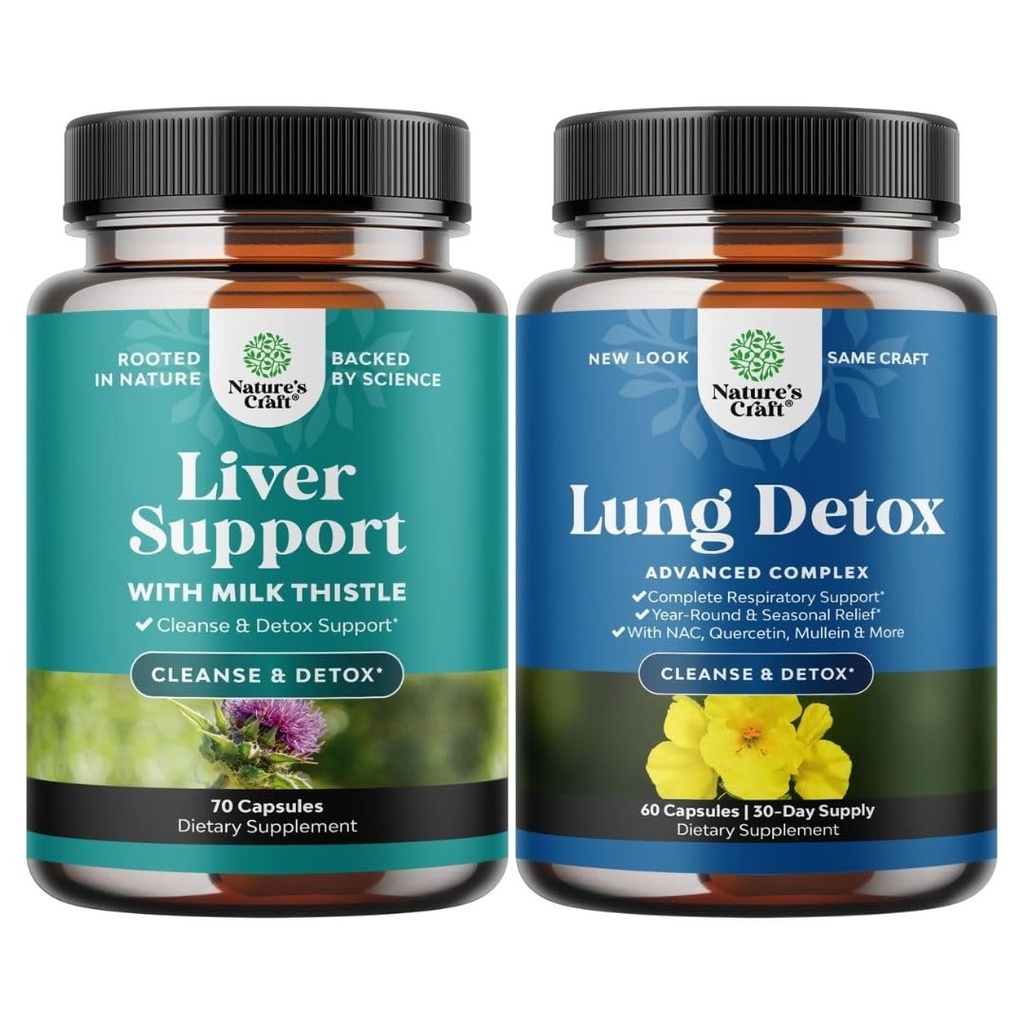 Bundle of Liver Cleanse Detox &amp; Repair - Milk Thistle Supplement for Digestion & Immune Health with Beetroot & Artichoke and Lung Detox Mullein Leaf Capsules with NAC Quercetin & Cordyceps Extracts