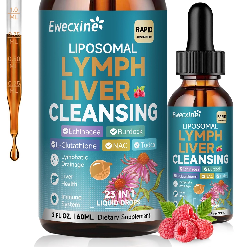 Liposomal Limphatic Drainage " Liver Cleanse Drops, 23-in-1 con Echinacea, NAC, TUDCA, L-Glutathione, Burdock for Lymph, Liver Detox " Repair, Immune Support, Raspberry Flavor, 2 fl oz Supplement