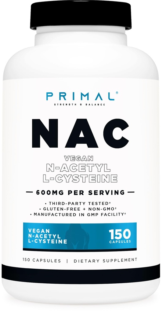 Primal N-Acetyl L-Cysteine (NAC) 600mg, 150 Capsules - Vegan N-Acetyl L-Cysteine Supplement, GMO-Free, Gluten-Free