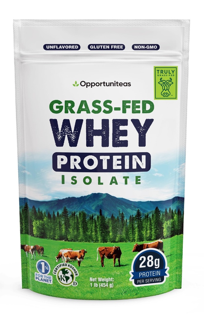 Opportuniteas Grass Fed Whey Isolate Protein Powder – Unflavored, Heavy-Metal Tested, 28g Protein, Fuente de Irlanda, Hormon-Free, Non-GMO, Envasado en EE.UU. – 1lb