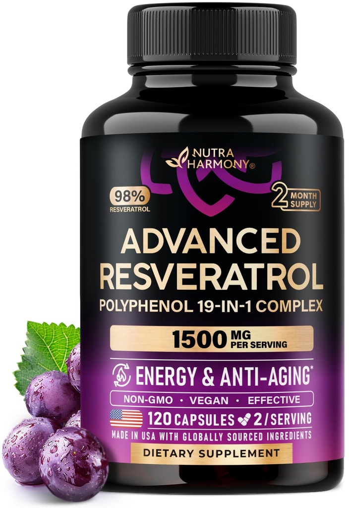 Resveratrol Supplement - 19-in-1 Organic Polyphenol Complex - Noni Extract | Berberine | Quercetin | Apple Cider Vinegar | Acai - Made in USA - Antioxidant & Heart Health Support - 120 Capsules