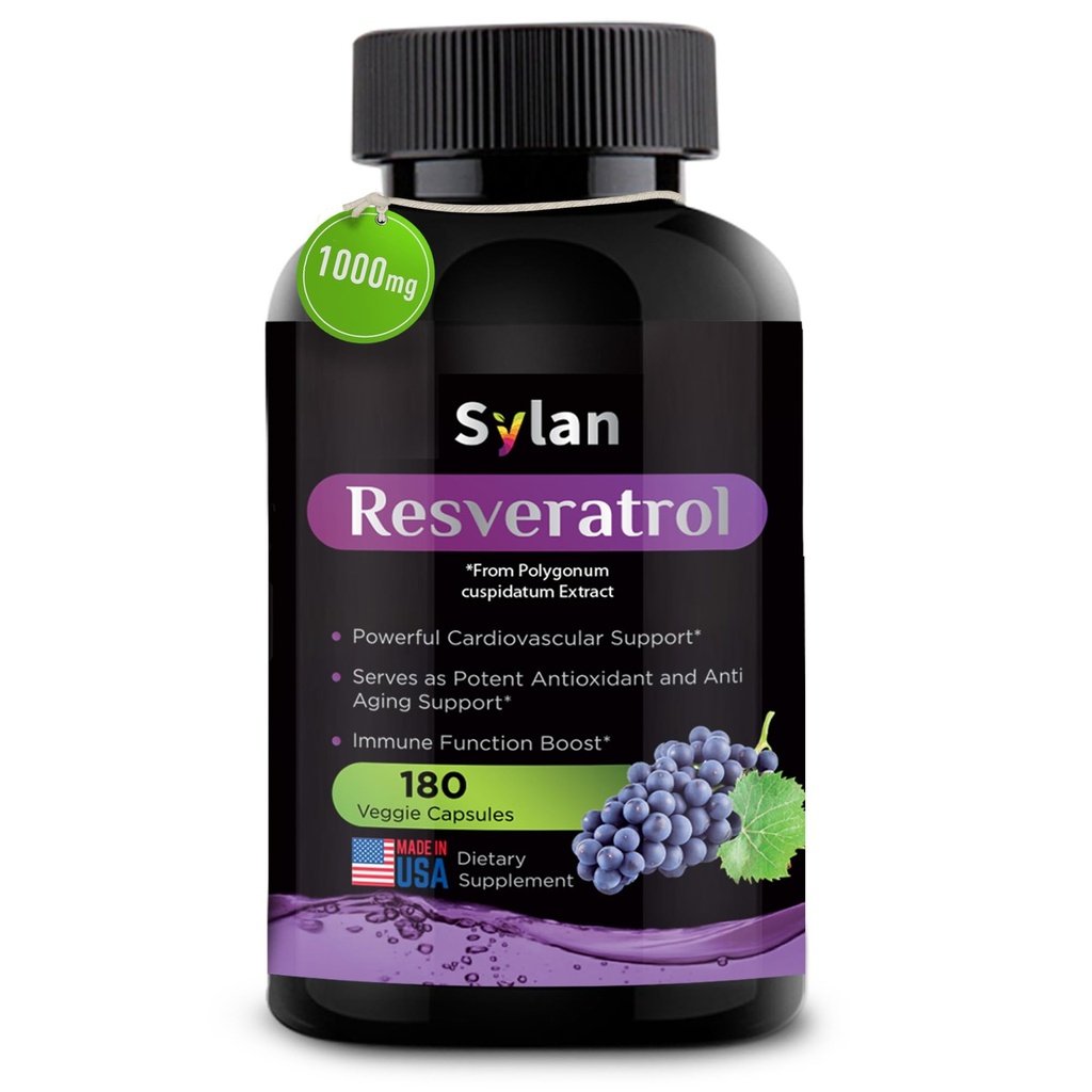 SYLAN Resveratrol Supplement, 1000mg, 180 Veggie Capsules, Antioxidant, Supports Heart, Joint, Brain, Immune Health & Anti-Aging, Non-GMO, Made in USA, Resveratrol 500mg Powder per Capsul
