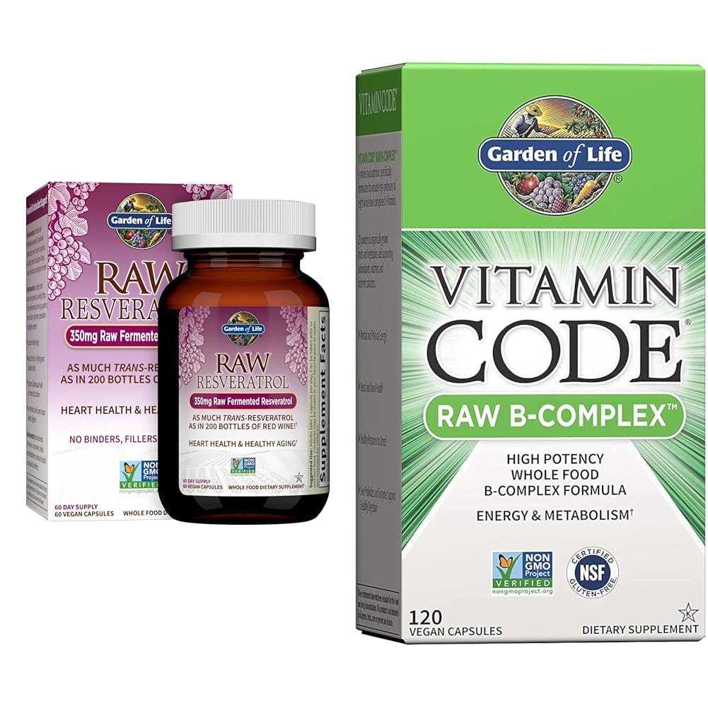 Garden of Life Heart Resveratrol Supplement - Raw Whole Food Antioxidant Formula for Heart Health & Vitamin B Complex - Vitamin Code Raw B Complex - 120 Vegan Capsules