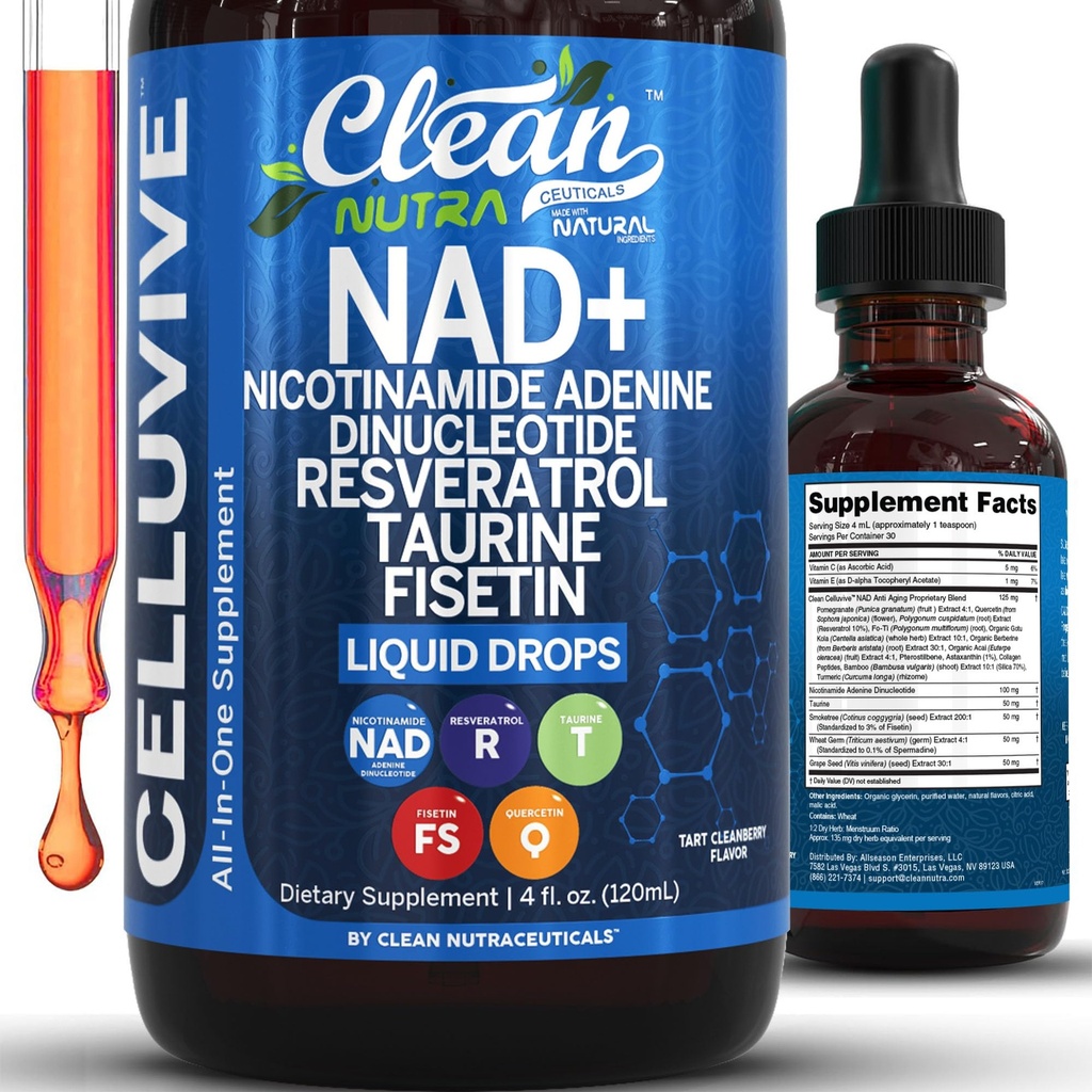 Liposomal NAD Resveratrol Supplement Liquid Drops for Women Taurine Fisetin Grape Seed Quercetin Berberine Astaxanthin Pterostilbene Spermidine Fo Ti Gotu Kola Anti Aging CelluVive by Clean Nutra 4oz