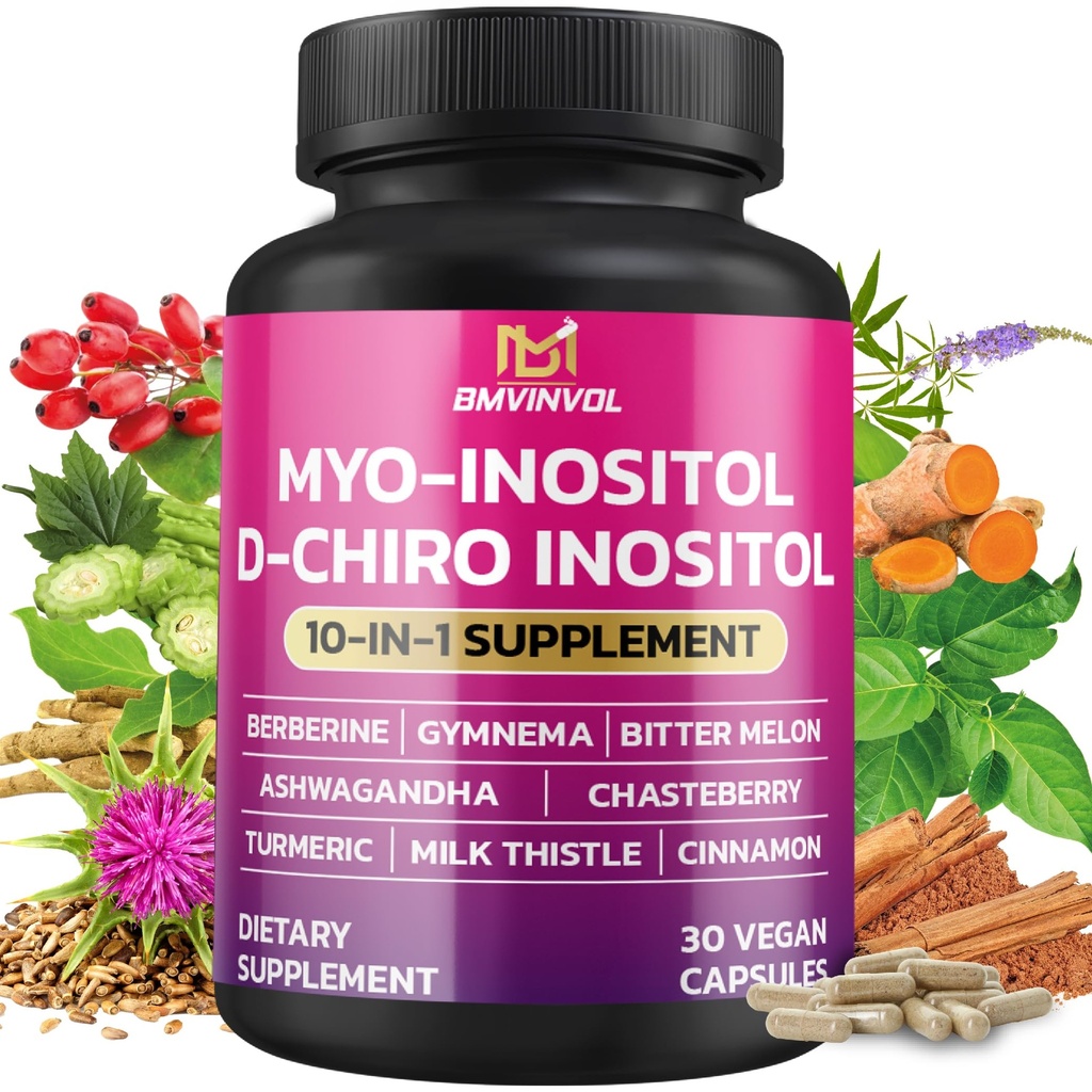 BMVINVOL Inositol Supplement - Myo-Inositol and D-Chiro Inositol Ideal 40:1 Ratio - Plus Berberine, Cinnamon, Ashwagandha + 5 More - 30 Capsules