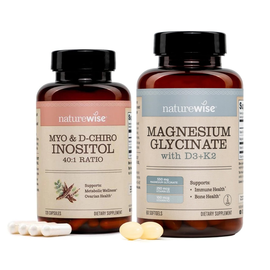 NatureWise Myo-Inositol & D-Chiro Inositol Supplement for Women - Ideal 40:1 Ratio [30-Day Supply] + Magnesium Glycinate 550mg + 10000 IU Vitamin D3 + K2 - Chelated for High Absorption [30-Day Supply]