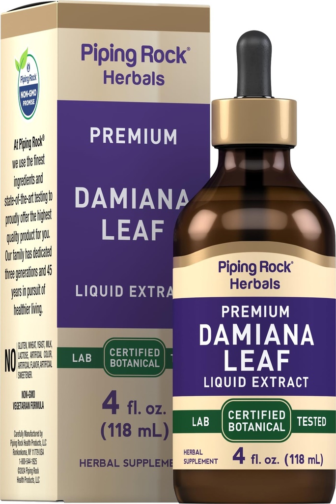 Piping Rock Damiana Leaf Herb Tincture TENIDO 4 fl oz ANTE Liquid Extract Drops ANTE Vegetarian &amp; Alcohol Free TEN Non GMO, Gluten Free Supplement