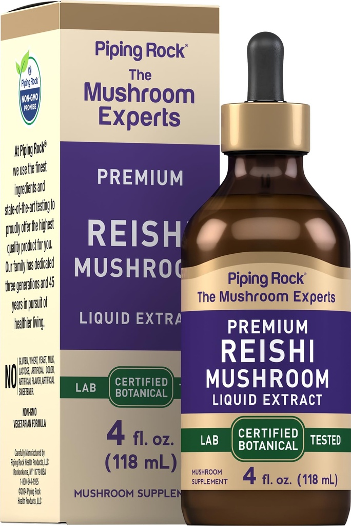 Piping Rock Reishi Mushroom Extract Tincture TEN 4 fl oz TEN VENTA Líquida Vegetariana TENIDO Alcohol Libre ANTE NO GMO, Gluten Suplemento Gratis