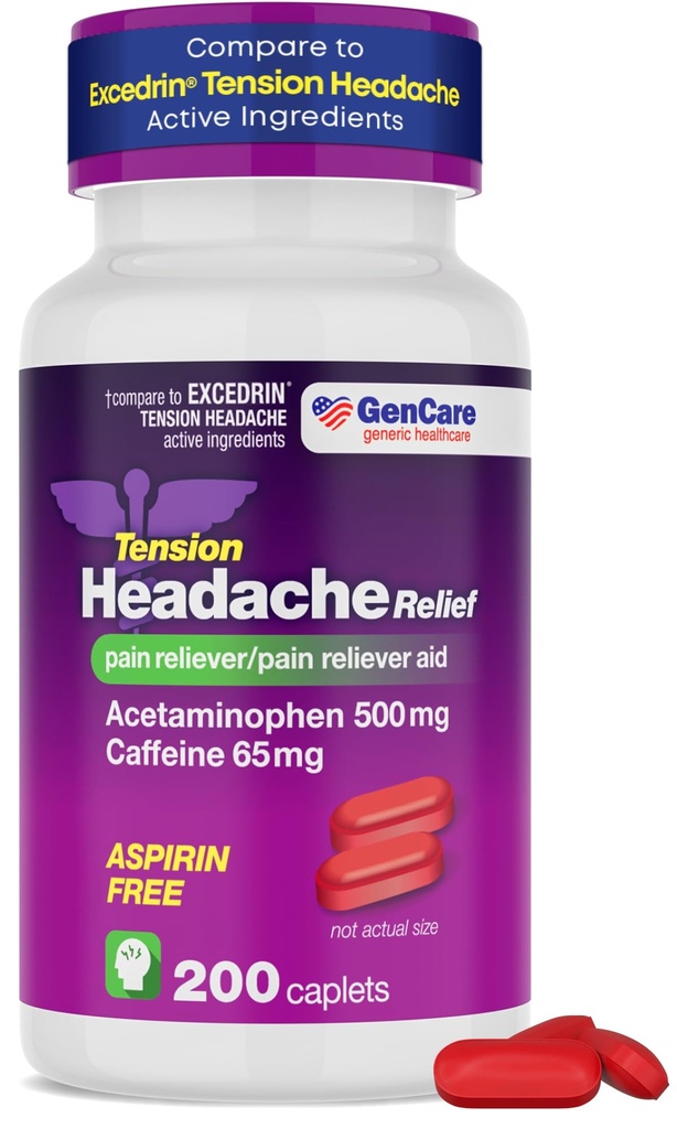 GenCare - Tension Headache Relief Pain Reliever with Acetaminophen 500 mg & Caffeine 65 mg (200 Caplets) Best Value Bulk Extra Strength for Head, Migraine, Joint Pain & Body Ache Relief Medicine