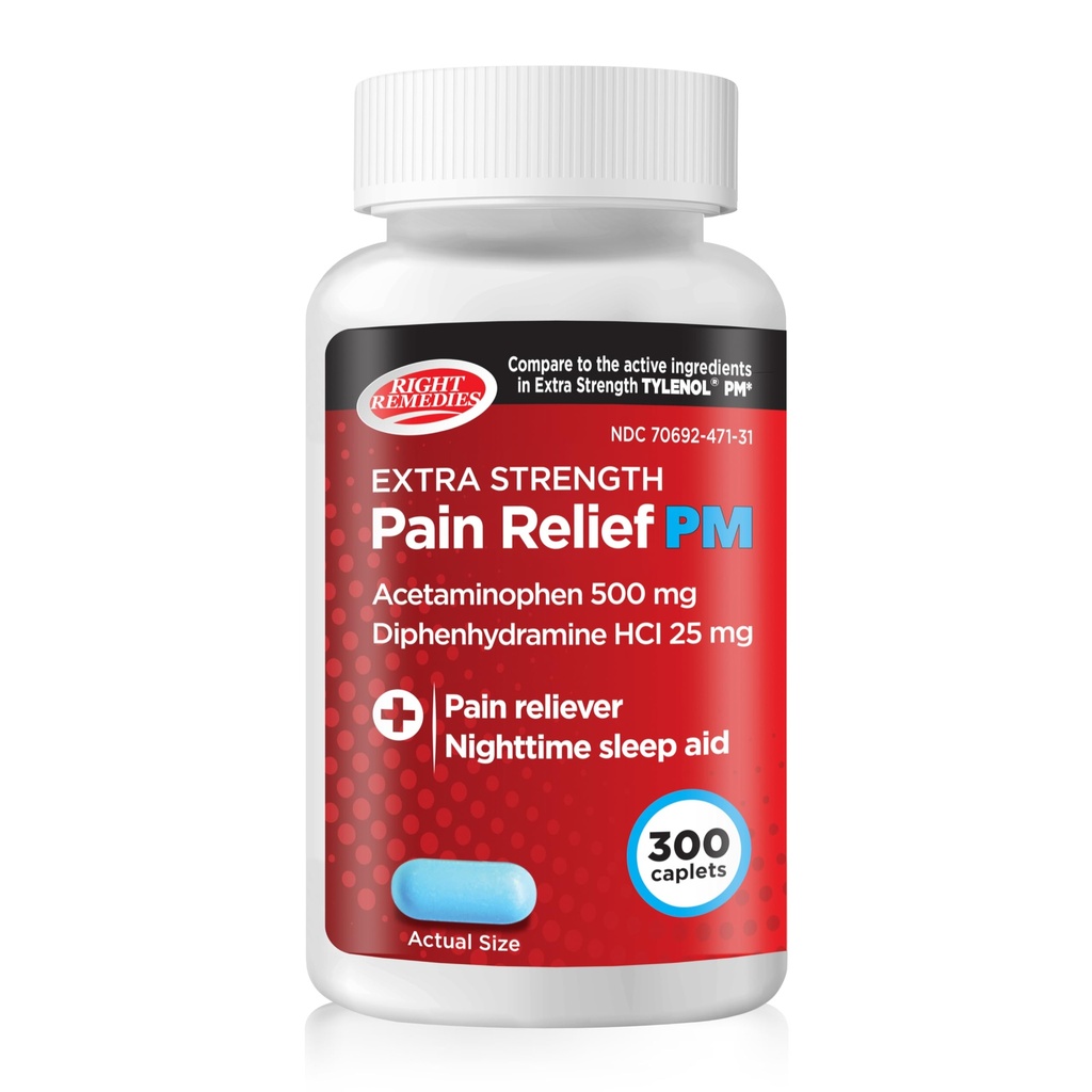 Right Remedies Extra Strength Pain Relief PM & Nighttime Sleep Aid Caplets,(300 count), Acetaminophen 500 mg & Diphenhydramine HCl 25 mg, Non-Habit Forming, Compare to Active ingredients of Tylenol PM