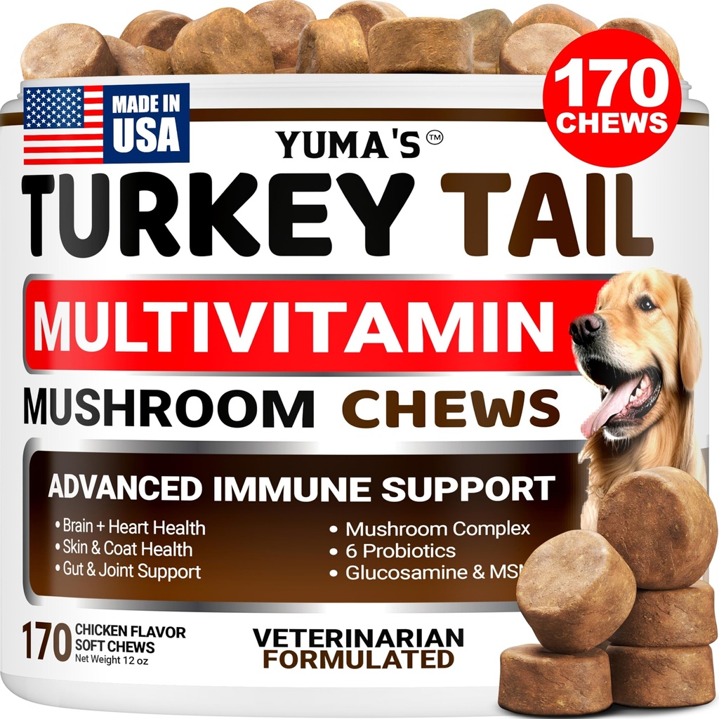 Turkey Tail Mushroom for Dogs - 170 Count - Mushroom Chews for Dogs Lipoma Lumps and Bumps - Immune Health, Digestive, Skin, Energy, Joint Vitamin Support Guard Buddy - Multivitamin Supplement