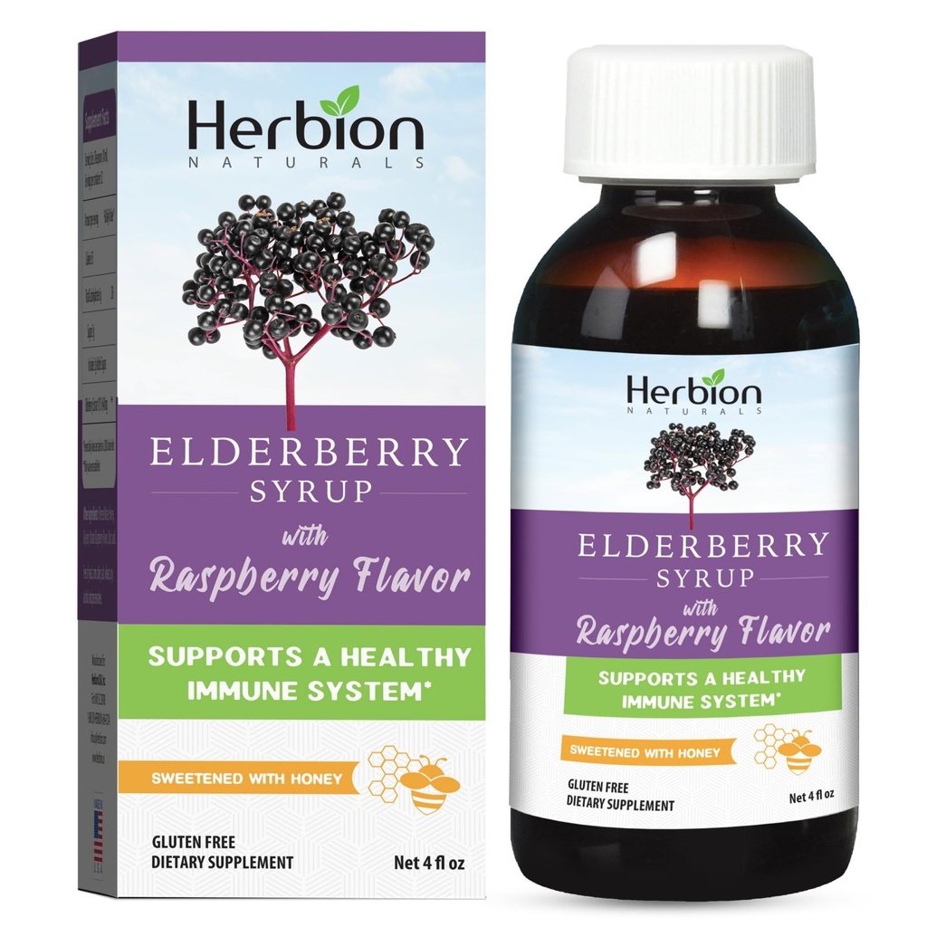 HERBION Naturals Elderberry Syrup – Healthy Immune System for Adults and Children (1 Year+) - Honey Sweetened with Natural Raspberry Flavor - No Artificial Ingredients