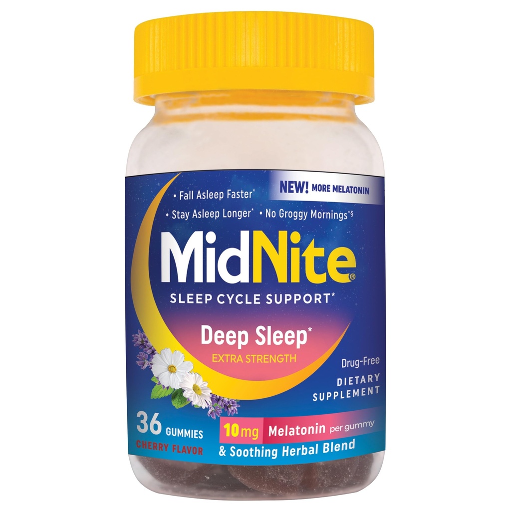 MidNite Deep Sleep Extra Strength, 10 mg Melatonin Sleep Aid, Non-habit Forming, Herbal Dietary Supplement For Adults, Drug-free, Gluten-free, Lactose-free, Vegetarian-friendly, 36 Gummies