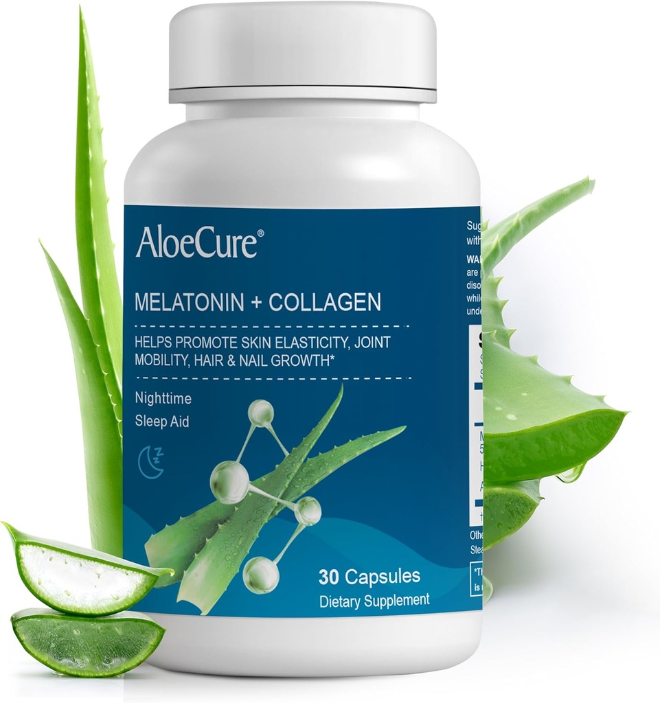AloeCure Natural Melatonina + Colágeno con Aloe Vera Orgánica - Suplemento de Ayuda Natural para las Noches Restablecidas - Complejo Collagen para la Fuerza Conjunta, Elasticidad de la piel, Pelo &amp; Crecimiento de uñas, 30 cápsulas