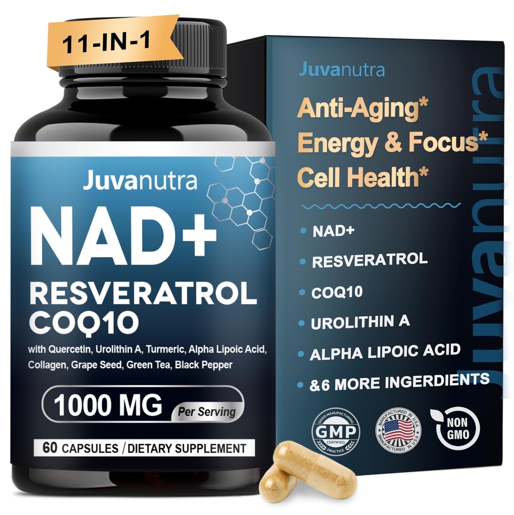 NAD Supplement 11-in-1 Extra Strength – Liposomal NAD with Resveratrol, CoQ10, Urolithin A, ALA & Turmeric – Supports Anti-Aging, Cellular Repair, Energy & Focus – for Women & Men – 60 Capsules