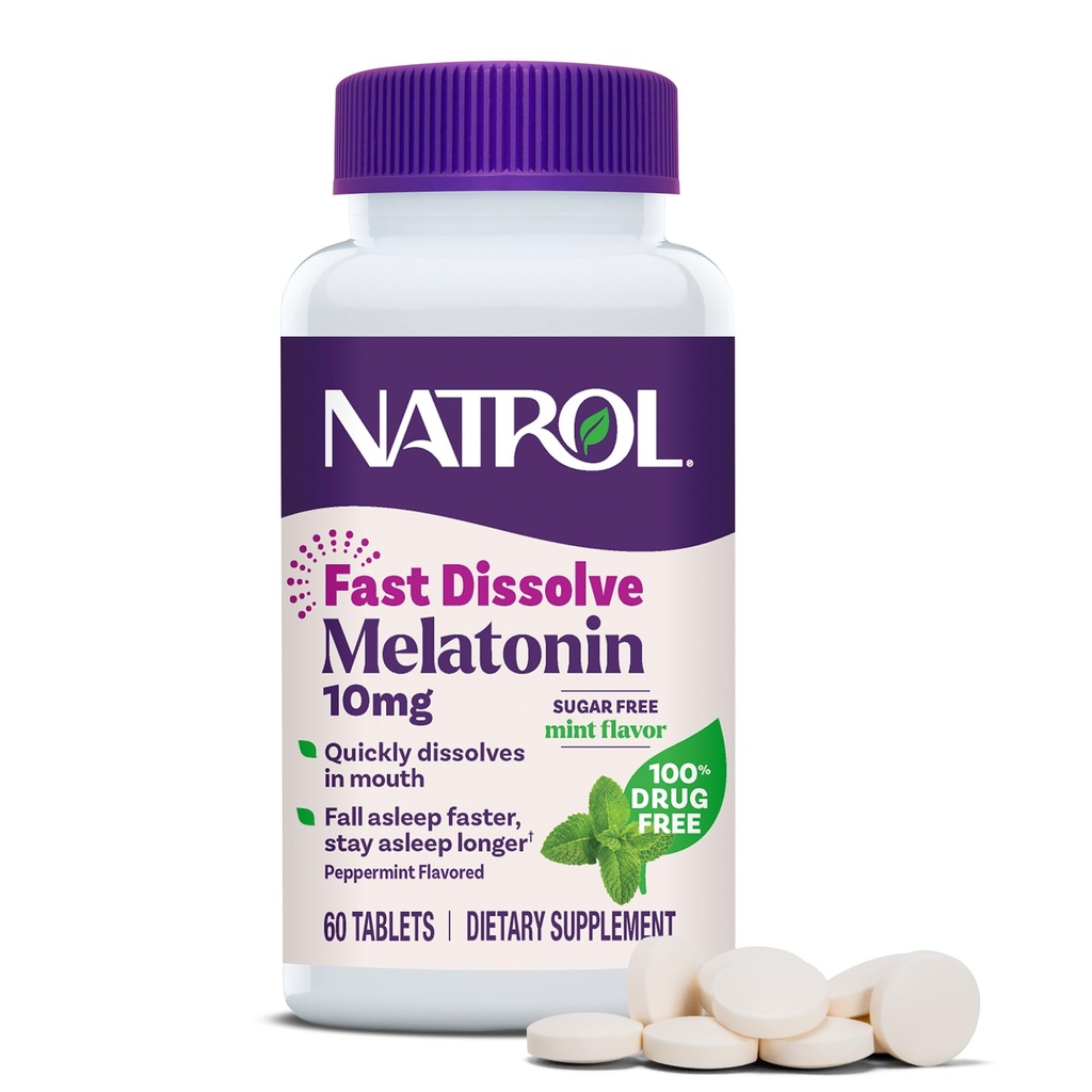 Natrol Melatonin 10mg Tablas rápidas de disuelve - Peppermint Flavor, 60 Cuenta, Apoyo al sueño, Melatonina rápida para adultos, suministro de 60 días