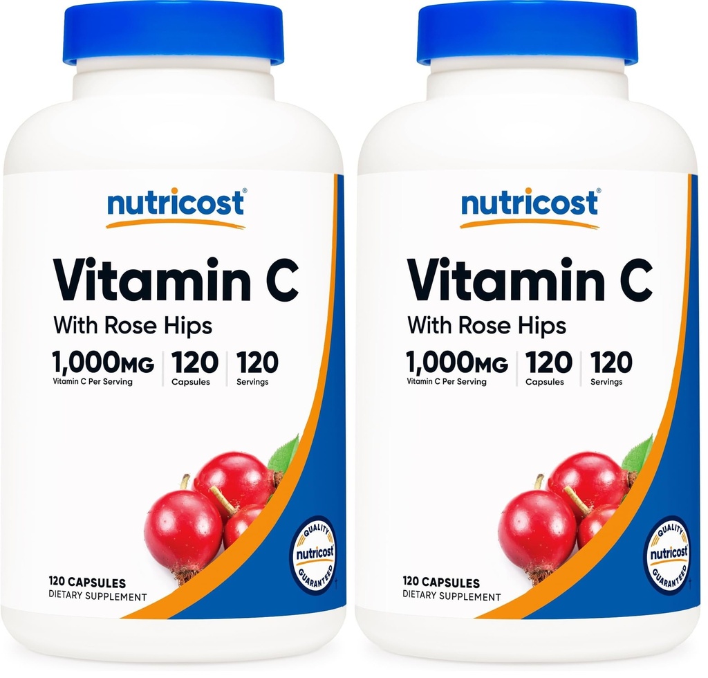 Nutricost Vitamin C with Rose Hips 1025mg, 120 Capsules - Vitamin C 1000mg, Rose Hips 25mg, Premium, Non-GMO, Gluten Free Supplement (Pack of 2)