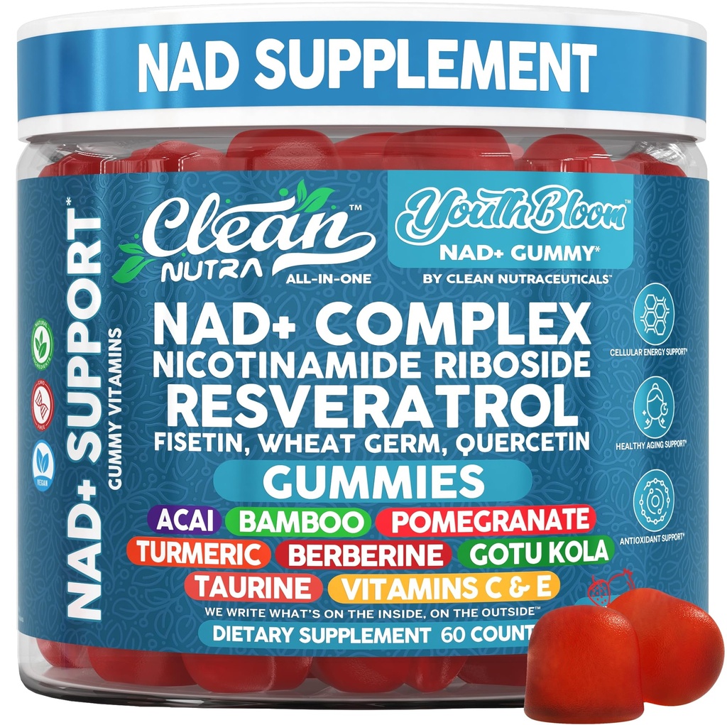 Youth Bloom NAD+ Supplement Gummies Resveratrol Fisetin Wheat Germ Berberine Taurine Turmeric Collagen Astaxanthin Nicotinamide Gotu Kola Pomegranate Vitamin C & E 60 Ct by Clean Nutra