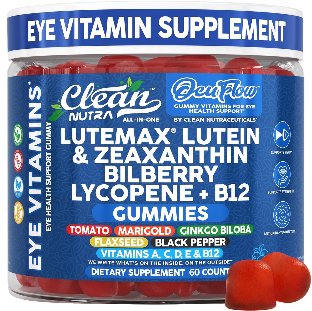 Clean Nutra Lutein and Zeaxanthin Eye Vitamins Gummies + Bilberry for Eyes Vision Support Ginkgo Biloba Marigold, Vitamin B12 Flaxseed Black Pepper CoQ10 Vitamin A l 60 Count B OcuFlow