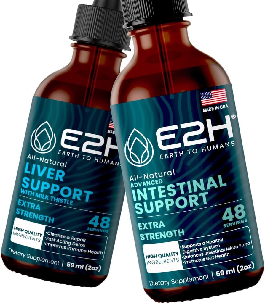 E2H: Suplemento de apoyo al hígado y apoyo intestinal avanzado ← Vegan, Non-GMO - 2 Fl Oz Cada (4 Fl Oz Total) - Bundle