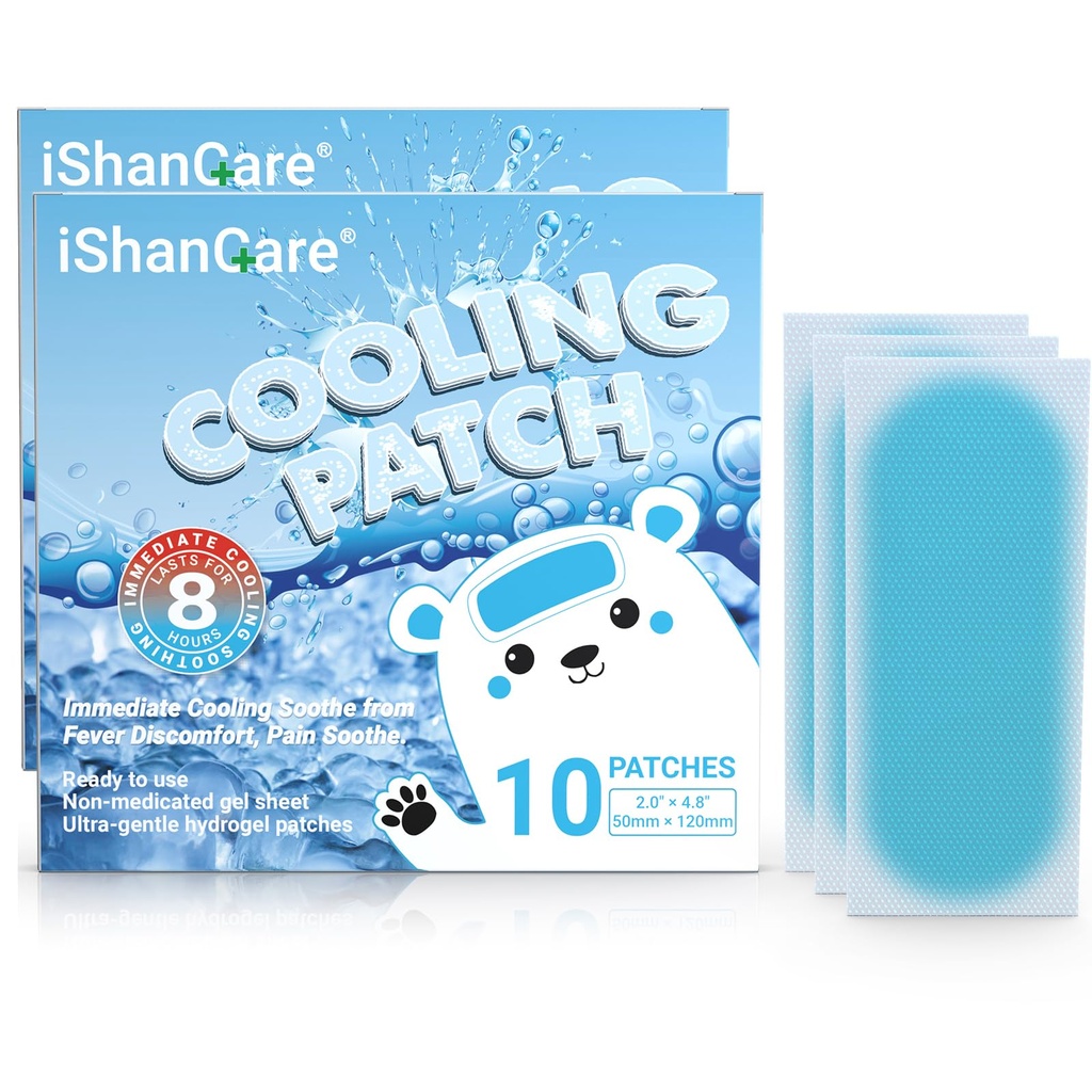ishancare Cooling Patches for Fever, 20 Sheets Individually Wrapped Hot Weather Cooling Patches for Adults, Fever Cool Pads, Cooling Fever Reducer, Migraine & Headache Patches (Pack of 2)