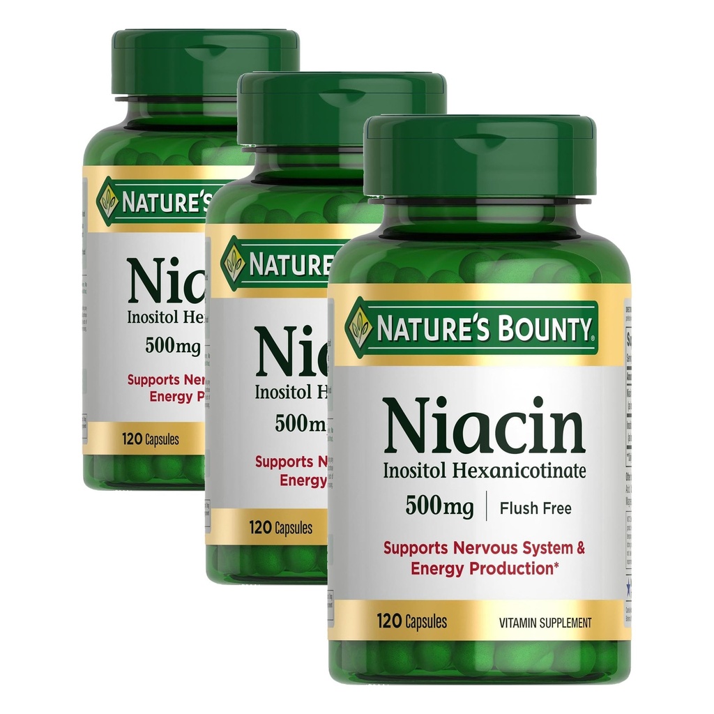 Nature's Bounty Niacin 500mg Flush Free, Cellular Energy Support, Supports Nervous System Health, 120 Capsules (Pack of 3)
