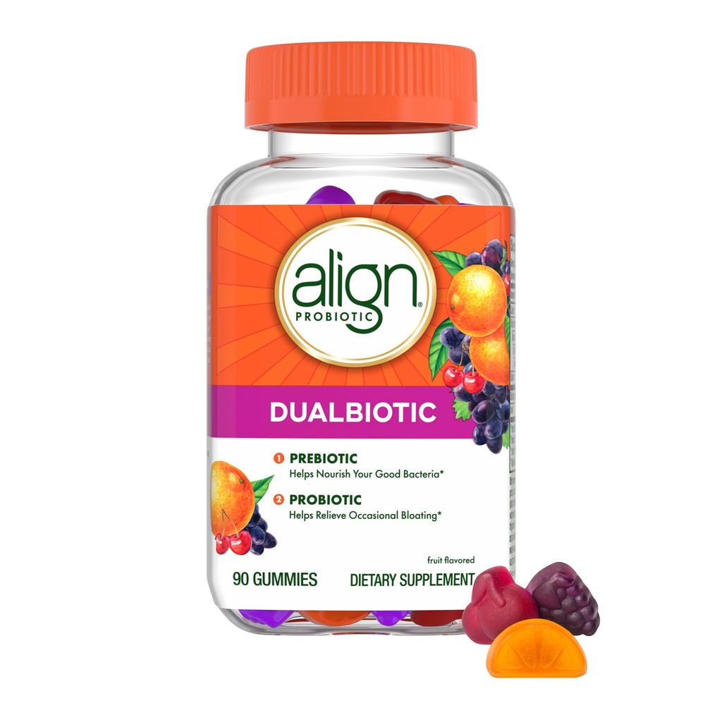 Dualbióticos alineados, prebióticos y probióticos para mujeres y hombres, probióticos para la salud digestiva, prebióticos Ayuda Nourish Good Bacteria, sabores de frutas naturales, 90 Gummies probióticos (paquete mayo Vary)