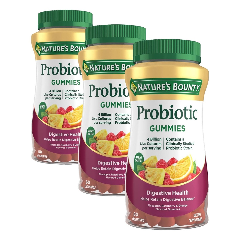 Gaviotas Probióticas Bounty, Immune Health & Digestive Balance, Pineapple, Raspberry y Orange Flavor Gummies, 60 Ct (Pack of 3)