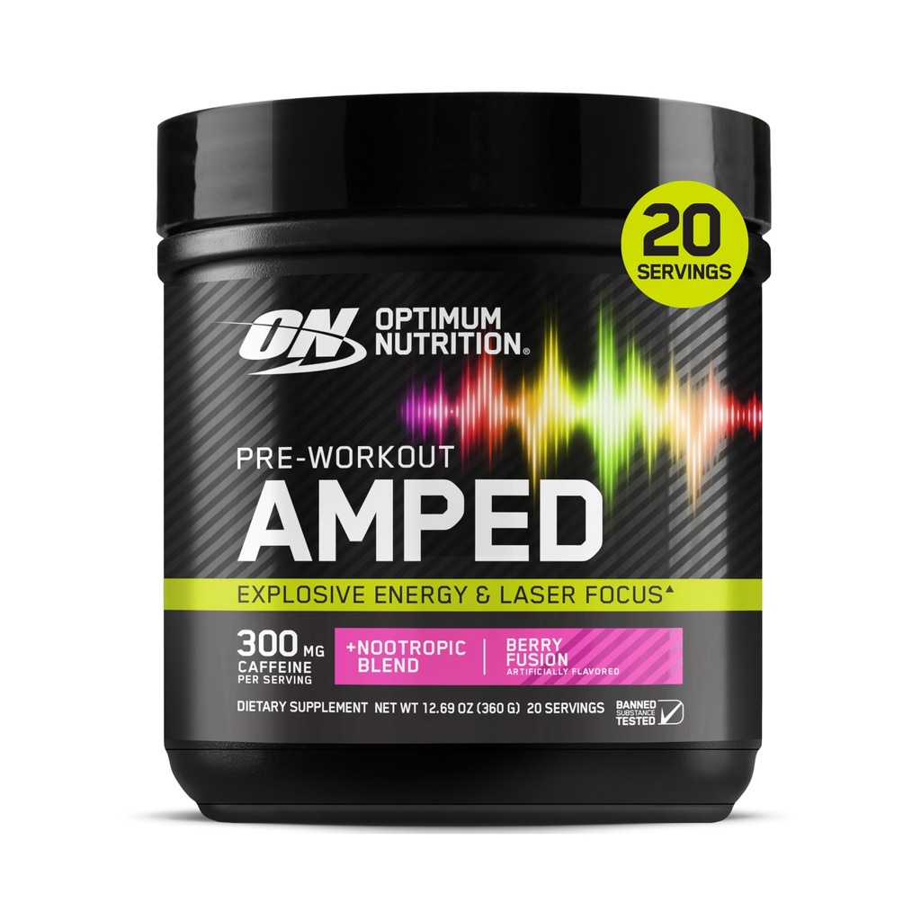 Optimum Nutrition Amped Pre-Workout, con Citrulline, Beta-Alanine, Nootropics y 300 mg de Caffeine for Energy, Berry Fusion, 20 Servings (Packaging May Vary)