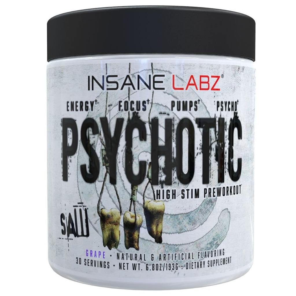 Insane Labz Psychotic Saw, High Stim Pre Workout Powder with OxyGold­™ and AMPiberry®,Extreme Lasting Energy with Teacrine®,Focus with CognitIQ® and Endurance (30 Servings, Grape)