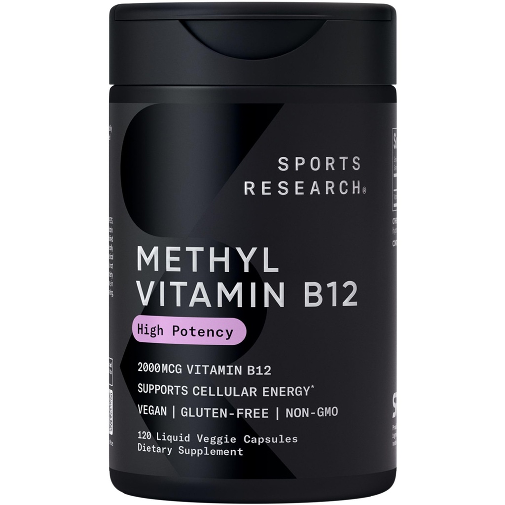 Sports Research® Vitamin B12 as Methylcobalamin 2000mcg - Plant Based B12 w/Coconut MCT Oil for Energy Metabolism Support - Vegan Certified · Non-GMO · Gluten Free - 120 Liquid Caps