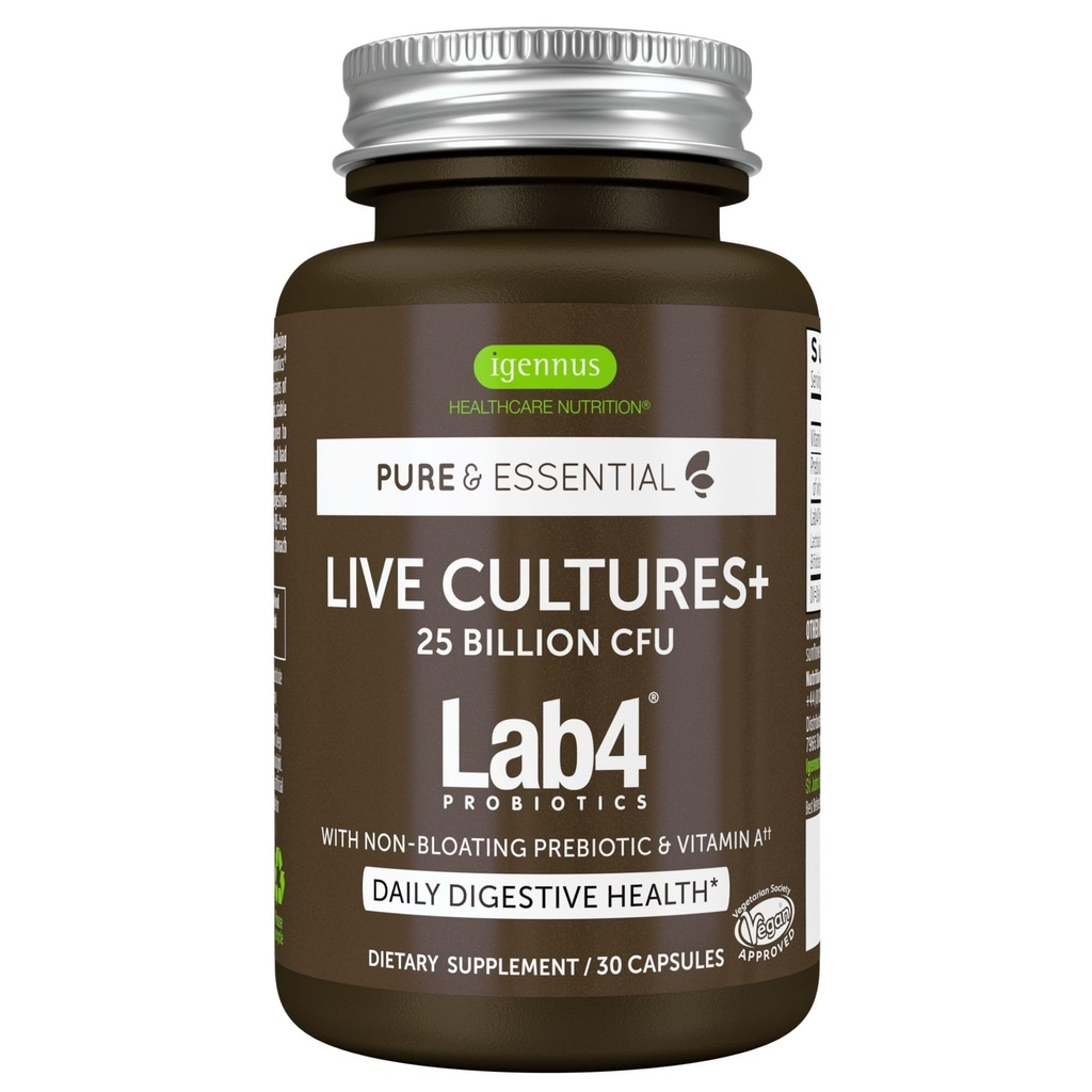 Igennus Probiotics & Prebiotic 2 in 1, Lactobacillus Acidophilus & Bifidobacterium, Gut Health Support, Live Cultures+ Lab4, Guaranteed 25 Billion CFU, Women & Men, Non-Bloating, Non-GMO, 30 Capsules
