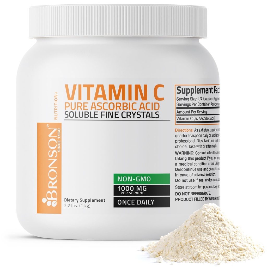 Bronson Vitamin C Powder Pure Ascorbic Acid Soluble Fine Non GMO Crystals – Promotes Healthy Immune System and Cell Protection – Powerful Antioxidant - 1 Kilogram (2.2 Lbs)