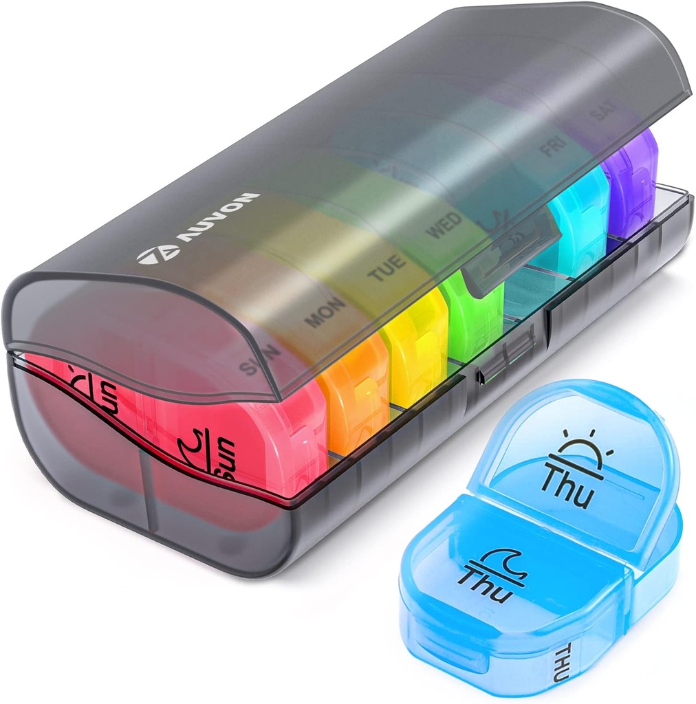AUVON Pill Box 2 veces al día, organizador semanal de píldoras AM PM con 7 caja de bolsillo diario para mantener vitamina, medicina, medicamentos y suplemento