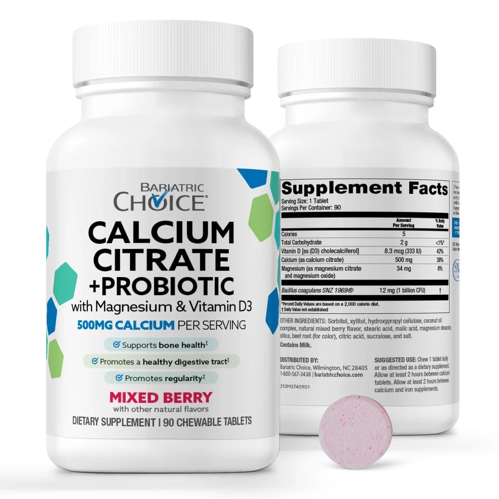 Bariatric Choice Chewable Calcium Citrate 500mg with Vitamin D3, Magnesium & Probiotics for Bariatric Surgery Patients Including Gastric Bypass & Sleeve Gastrectomy, Sugar-Free -Berry Flavor, 90 Count