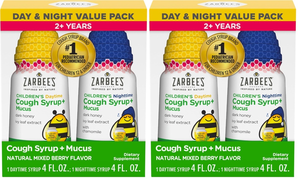 Zarbee's Children’s Honey Cough Syrup + Mucus Day & Night Value Pack,Daytime &amp; Nighttime Toddler Cough Syrup,Dark Honey,Ivy Leaf Extract,Chamomile,Mixed Berry Flavor,4 Fl Oz,(Pack of 4)