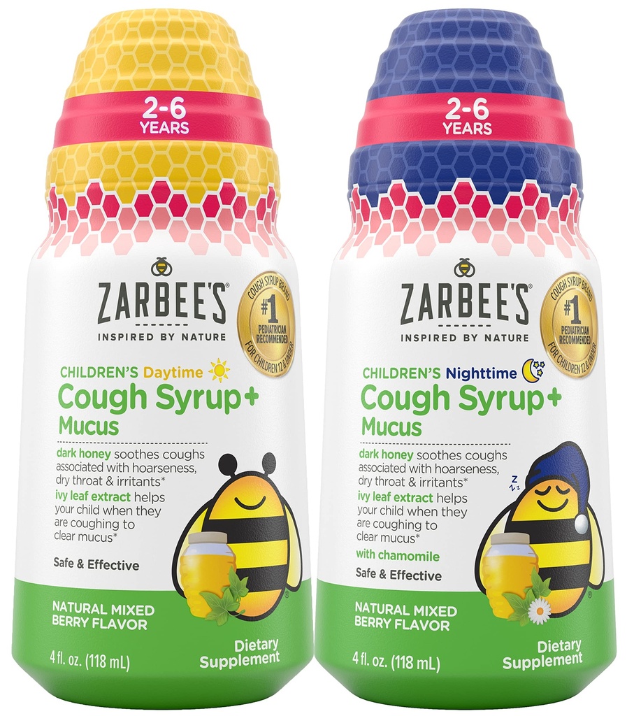 Bundle of Zarbee's Kids Cough + Mucus Daytime and Nighttime for Children 2-6 with Dark Honey, Ivy Leaf, Zinc &amp; Elderberry, 1 Pediatrician Recommended, Drug &amp; Alcohol-Free, Mixed Berry Flavor, 4FL Oz