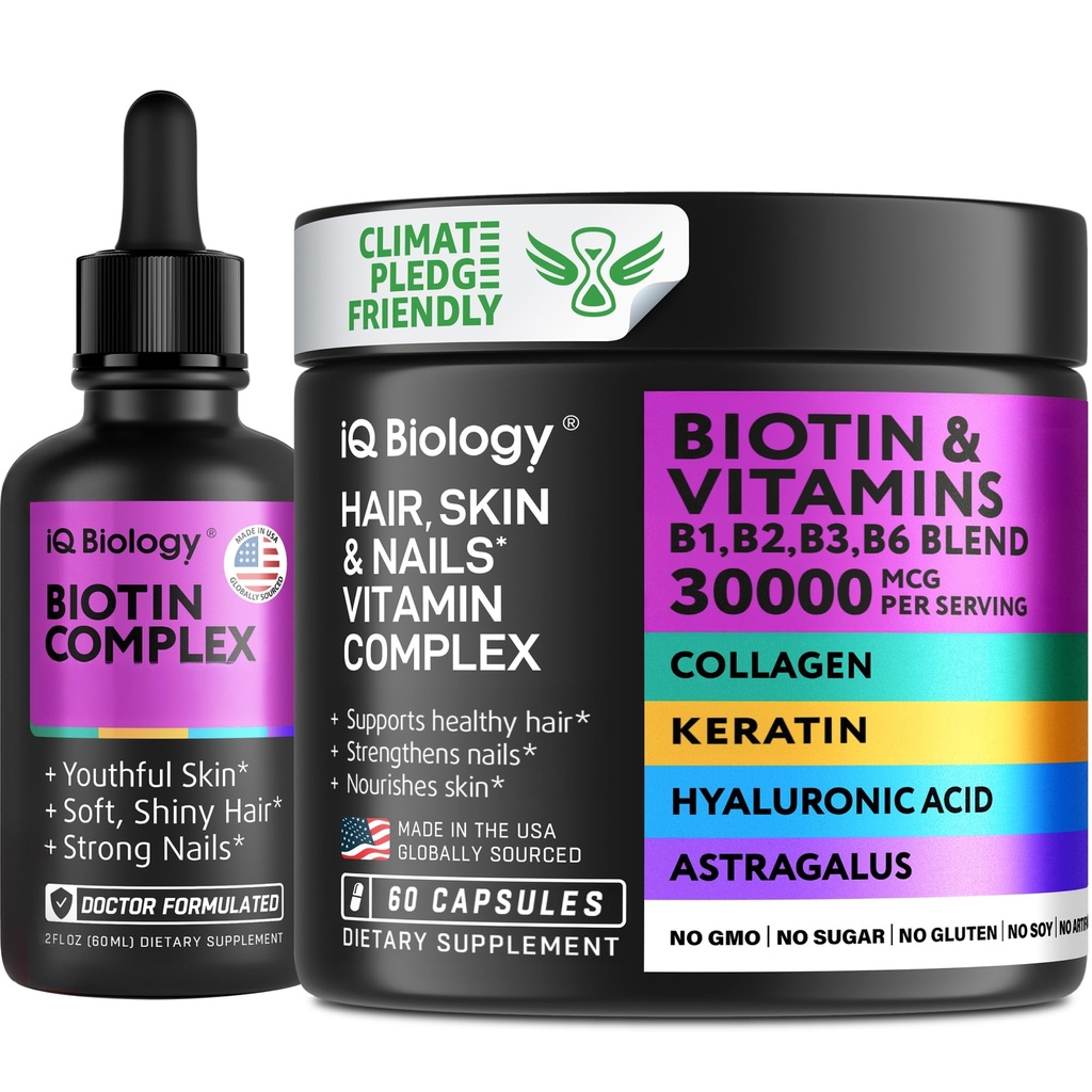 Complete Hair, Skin & Nail Health Bundle: Biotin Supplement with Collagen & Keratin + Liquid Biotin Drops with Astragalus for Enhanced Hair Growth, Thinning Hair Treatment, Skin Glow & Nail Repair