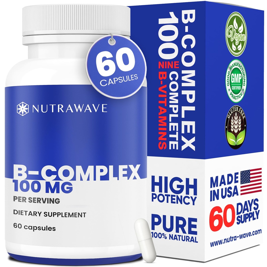Complejo de vitamina B Nutrawave – Super B-100 Suplemento de vitaminas para hombres y mujeres con B1, B2, B3, B5, B7, B9, B12, Choline &amp; Inositol – apoya el sistema energético " Nervous – Non-GMO, Vegan – 60 cápsulas