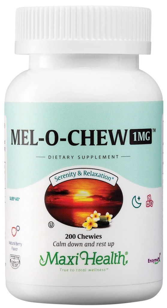 Maxi Health Melatonin 1mg Chewable - Ayuda al sueño Melatonina para fomentar el sueño natural - Suplemento No-Habit Forming con Enzymax para el soporte de acción rápida Kosher (200 Unidades)