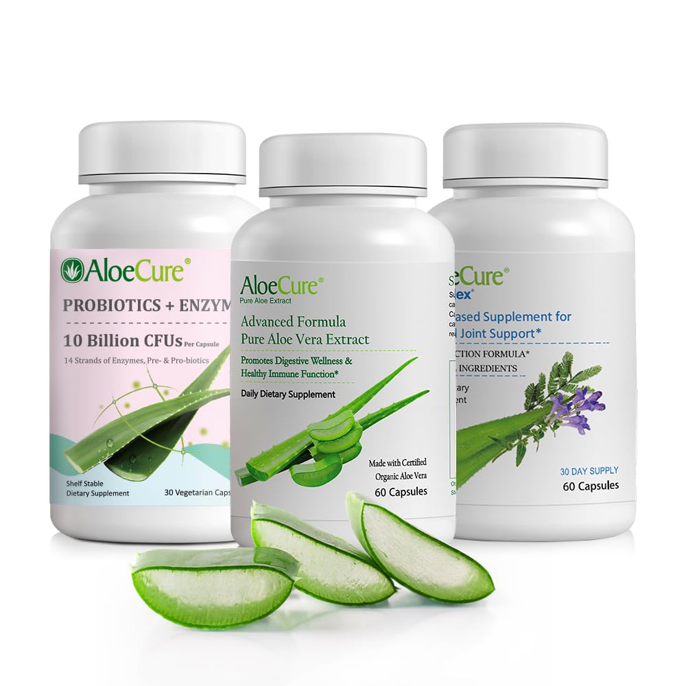 AloeCure Organic Aloe Vera Capsules Pack - 3 Piezas - VeraFlex, Aloe Vera Capsules, Probióticos + Enzymes