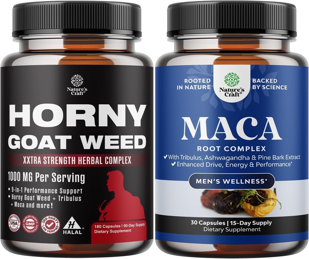 Bundle of Horny Goat Weed with Black Maca Root, Tongkat Ali, Saw Palmetto & Panax Ginseng Extract for Stamina & Energy and Black Maca Root with Siberian Ginseng Ashwagandha - Men’s Wellness Supplement
